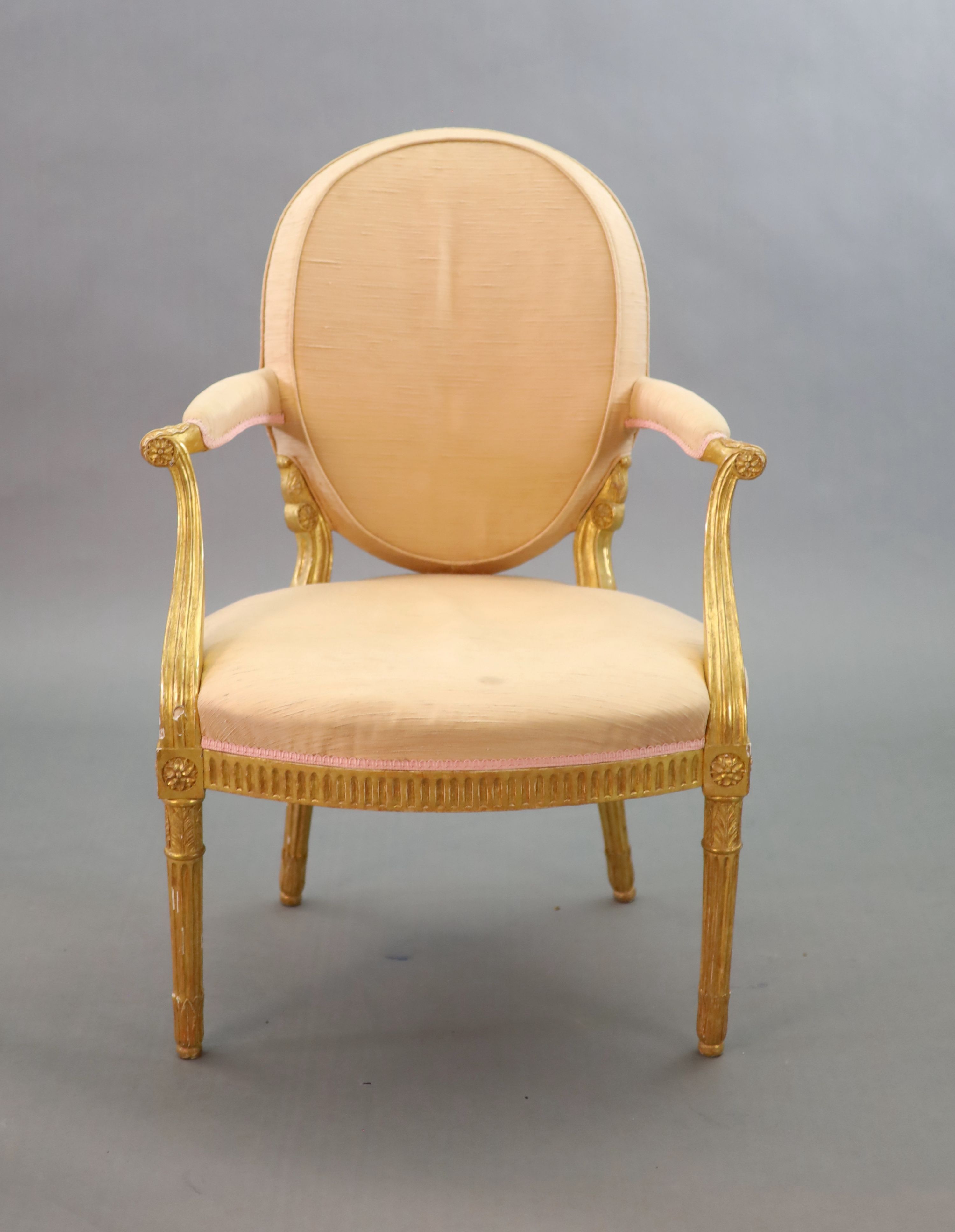 A George III giltwood open armchair, W.64cm H.90cm D.60cm